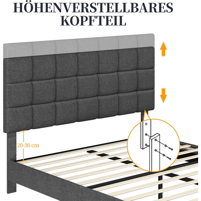 М&39яке ліжко Yaheetech 140 x 200 см Двоспальне ліжко з регульованим узголів&39ям по висоті, міцний каркас ліжка Тканинне ліжко з рейковою основою, м&39який каркас ліжка Дитяче ліжко, темно-сірий колір Темно-сірий 140 x 200 см