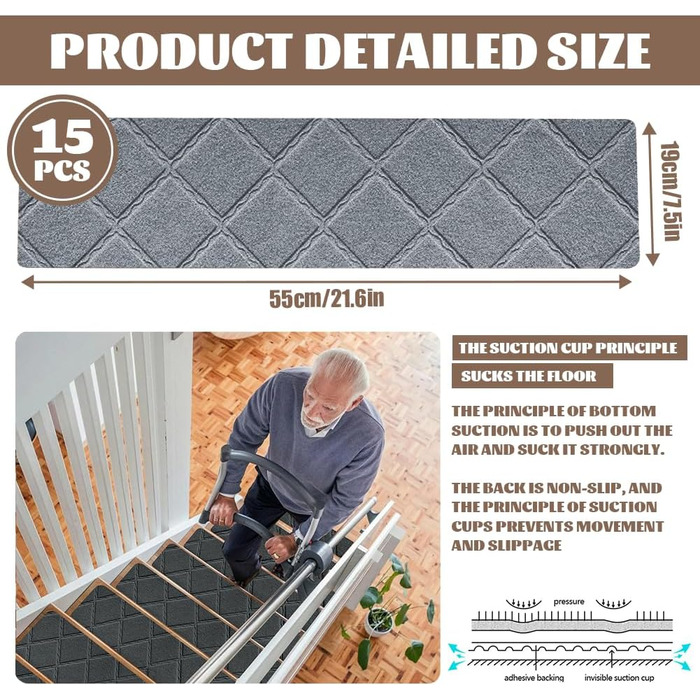 Килимки для сходів, протиковзкі, 15 шт. , килимки для сходів всередині приміщень, нековзкі, самоклеючі килимки для сходів 55x19 см, для дерев&39яних та мармурових сходів, протиковзкий килимок для дітей, людей похилого віку та домашніх тварин (B)