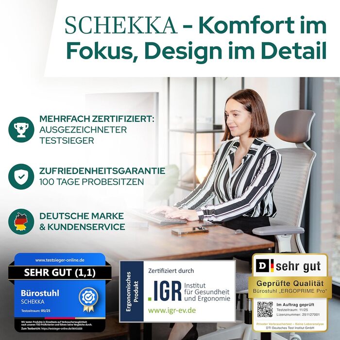 Ергономічне офісне крісло - Переможець тесту - Високо індивідуально регульоване офісне крісло з підголівником та поперековою опорою, 3D підлокітниками та дихаючою сіткою - Офісне крісло 150 кг (світло-сіре) з підголівником світло-сірий / сірий