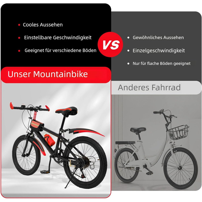 Дюймовий дитячий гірський велосипед для хлопчиків та дівчаток, 7-швидкісний гірський велосипед з бризковиками, пляшкою для води, дзвінком-компасом, вантажопідйомність 85 кг, вік 8-13 років, червоний, 20-