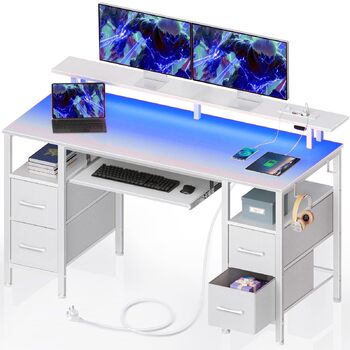 Ігровий стіл Seventable з шухлядами, комп&39ютерний стіл зі світлодіодним освітленням, розетками та USB-портами, ігровий стіл з підставкою для клавіатури та монітора для офісу, вітальні (білий, 120x47x88 см) Білий 120x47x88 см