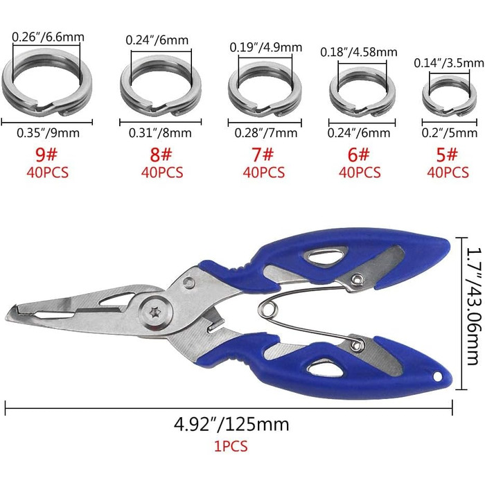 Роздільні кільця для риболовлі з нержавіючої сталі, зєднувачі для приманок з подвійною застібкою та плоскогубцями для риболовлі., 200PCS