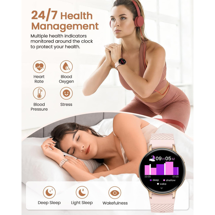 Жіночий круглий смарт-годинник, фітнес-годинник з функцією телефону, 24-годинний монітор серцевого ритму, відстеження SpO2, відстеження менструального циклу, понад 120 спортивних режимів, відстеження сну, водонепроникність IP68, крокомір, сумісний з iOS/A