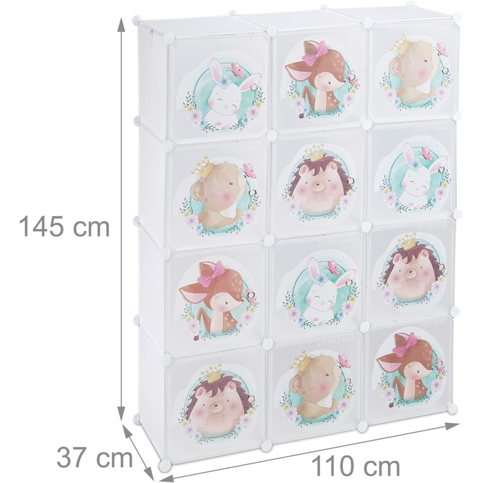 Дитячий стелаж Relaxdays, 2 вішалки для одягу, дверцята з тваринками, ВхШхГ 145x110x37 см, дитяча шафа зроби сам, білий