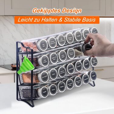 Рівнева підставка для спецій, настінна та настінна, 28 порожніх органайзерів для спецій зі стійкою та 432 етикетками для спецій, підставка для спецій, не потребує свердління для кухні, шафи, комори, 4-