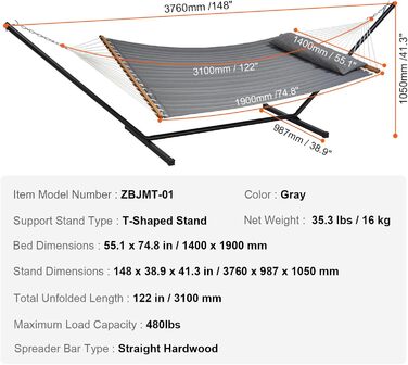 Гамак VEVOR на 2 особи, вантажопідйомність 207 кг, двомісний гамак зі сталевою підставкою 3,66 м і портативною сумкою для перенесення та подушкою Окремо стоячий гамак для відкритого патіо Garden Beach Pure - Grey