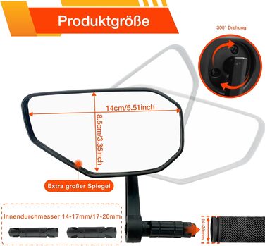 Велосипедні дзеркала, 2 шт., велосипедні дзеркала заднього виду для керма, велосипедні дзеркала зі скляними лінзами, стійкі до подряпин, великі велосипедні дзеркала заднього виду, дзеркала на торці керма для електровелосипедів, ліве та праве (14-20 мм), п