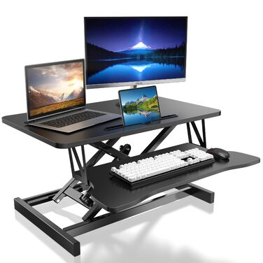 Стіл для роботи сидячи та стоячи, робоча станція стоячи, стіл для роботи стоячи, ергономічне регулювання висоти, робоча станція для двох моніторів та ноутбуків з великим відсіком для клавіатури, підставка для офісу для роботи сидячи та стоячи (80 см)