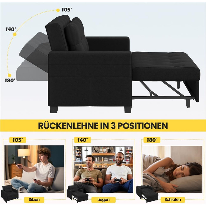 Крісло-ліжко Yaheetech з функцією ліжка 3-в-1, розкладний диван-ліжко, трансформоване крісло-ліжко, регульоване одномісне крісло з бічною кишенею, спальна зона 190 x 71,5 см, для невеликих приміщень, чорний колір