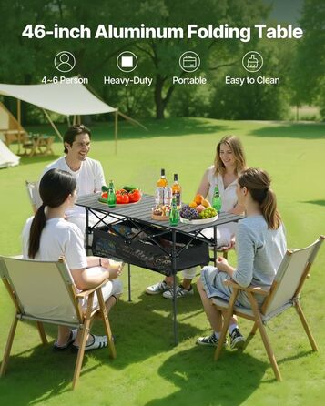 Складаний фуршетний стіл VEVOR, портативний універсальний стіл, 120 см, прямокутний алюмінієвий стіл (для 4-6 осіб) з регульованою висотою та сумкою для перенесення, садовий стіл, кемпінговий стіл для вечірок та пікніків, чорний