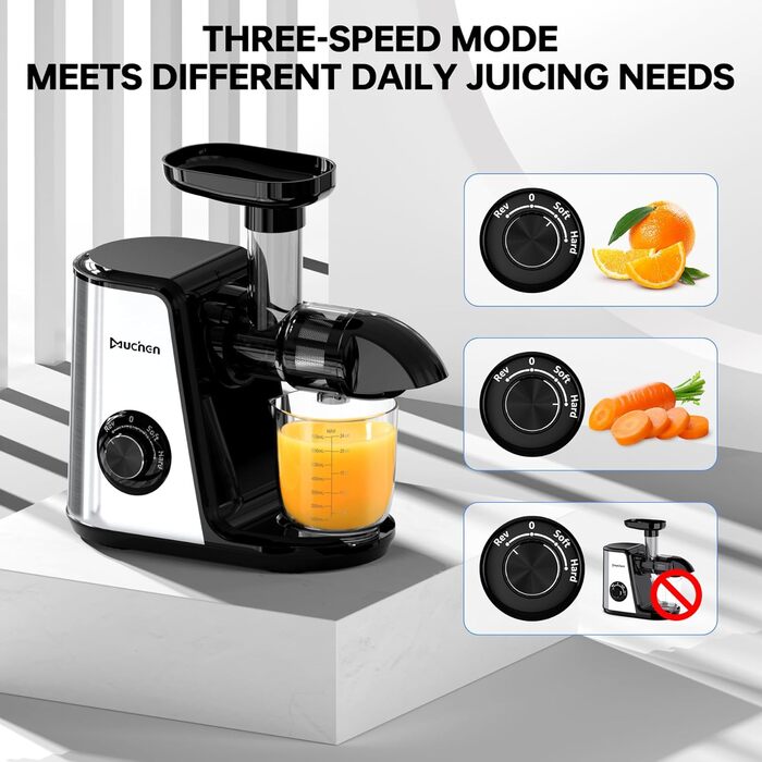 Переможець тесту на овочі та фрукти повільної соковижималки Muchen 150 Вт тихий двигун, зворотне подрібнення, легке очищення, дизайн з нержавіючої сталі в чорному та сріблястому кольорах, в т.ч. книга рецептів Single