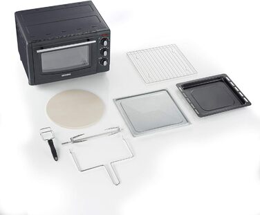 Піч для випічки та підсмажування SEVERIN з функцією конвекції, міні-піч з решіткою для гриля, деко для випічки, гриль і камінь для піци, універсальна конвекційна піч ємністю 20 л, 1 500 Вт, чорний, TO 2068 Ручка зручного дизайну одинарна