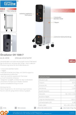Масляний радіатор Gde OR 1500-7 (1500 Вт, 3 режими нагріву, 7 секцій, термостат, захист від перегріву та перекидання, колеса), чорний