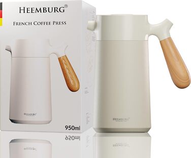 Французький прес з нержавіючої сталі HEEMBURG Термокавоварка з подвійними стінками з ізоляцією Французький прес для кави Прес для кави 1 л Thermo Brewer 5 чашок Кавоварка біла