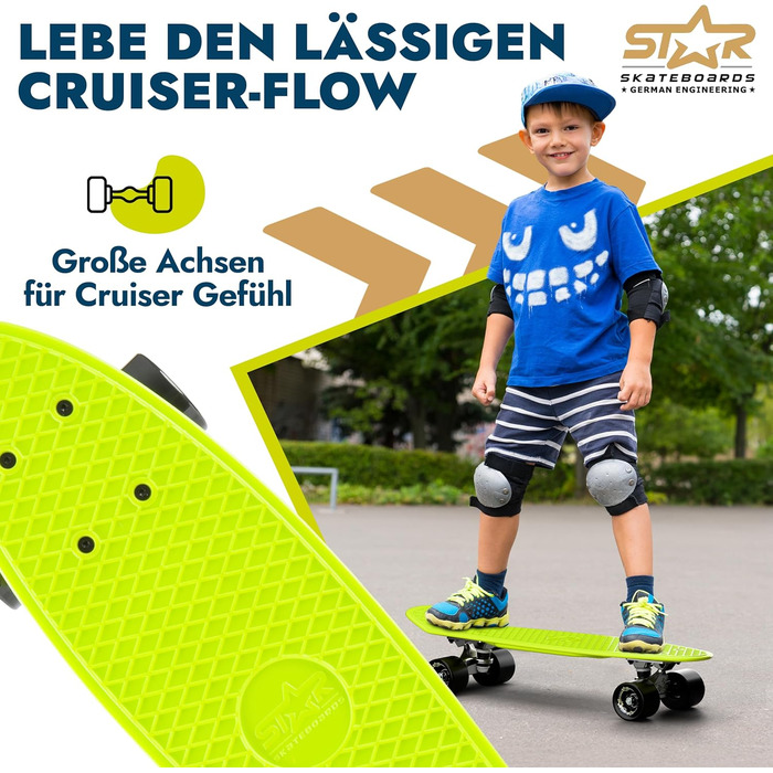 Скейтборд BIKESTAR Vintage Retro Cruiser 60 мм - круїзерний скейтборд для дітей та дорослих, початківці від 6-8 років, ретро дизайн Gecko Green Devilish Black