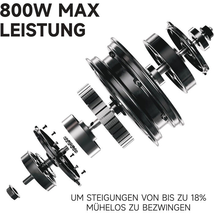Електросамокат з допуском до експлуатації в Німеччині, запас ходу 55 км в еко-режимі, запас ходу 47 км в спортивному режимі, передня та задня підвіски, двигун потужністю 800 Вт, складається, 17,9 кг, 10-дюймові шини, IPX5, 3 Pro D