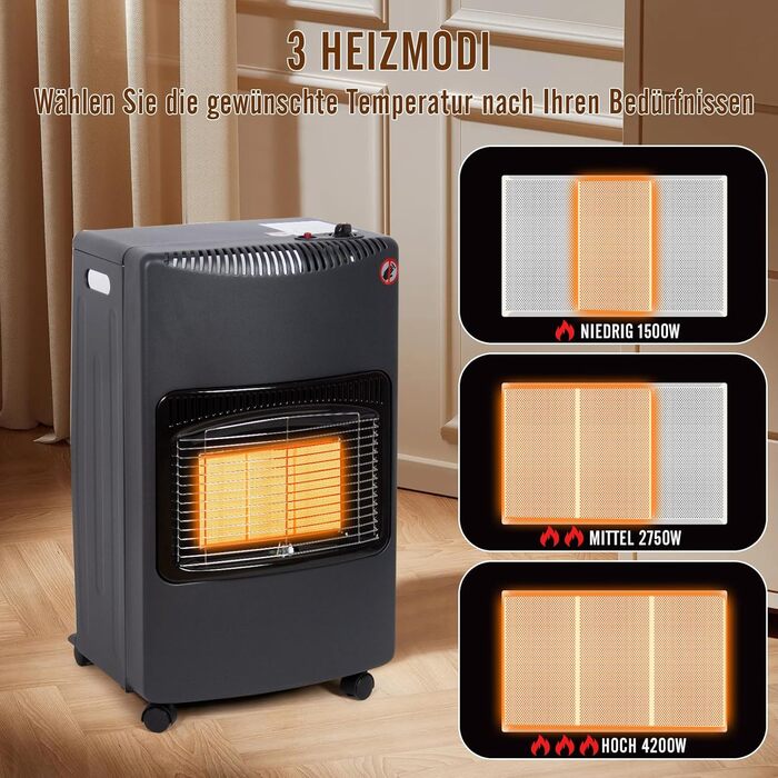 Керамічний газовий обігрівач Todeco потужністю 4200 Вт, чорний, 3 режими нагріву, включаючи регулятор тиску, газовий шланг, керамічний газовий обігрівач для балконів та добре провітрюваних приміщень у приміщенні та на відкритому повітрі