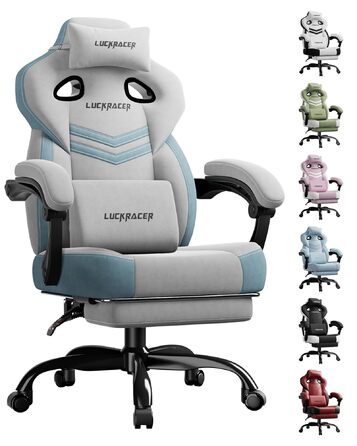 Тканина для ігрового крісла LUCKRACER, офісне крісло з підлокітниками, подушка з піни з ефектом пам&39яті, кут нахилу 90155 та підставка для ніг, міцна функціональна тканина, сіро-сіра тканина