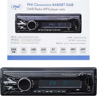 Автомобільна магнітола DAB MP3 PNI Clementine 8480BT, 4x45 Вт, 12/24 В, 1 DIN, з SD, USB, AUX, RCA, Bluetooth і USB 1.5A для зарядки телефону Single