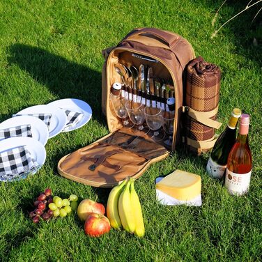 Рюкзак для пікніка CampFeuer для 4 осіб Сірий Набір для пікніка з 32 предметів Включає тримач для пляшок та флісову ковдру, велике відділення-холодильник, посуд та столові прибори Рюкзак для походів, рюкзак для кемпінгу
