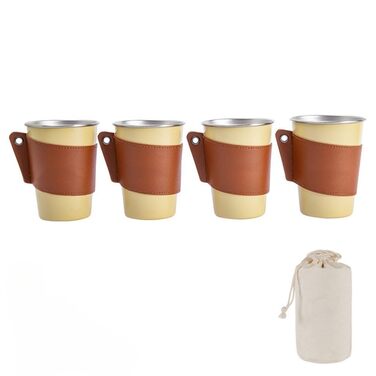 Набір із 4 кавових чашок з нержавіючої сталі 304 для зовнішнього використання об&39ємом 350 мл із шкіряним підставкою для чашок