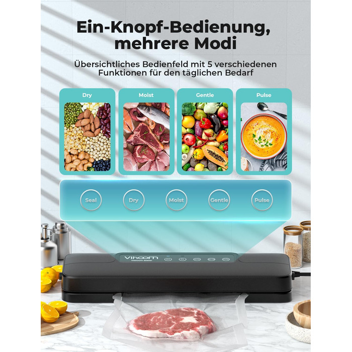 Вакуумний пакувальник Vihoom 5 в 1, вакуумний пакувальник їжі у 8 разів довше свіжий, ущільнювач з фольги, включаючи 10 вакуумних пакетів і шланг, довжина 30 см і стабільний зварний шов