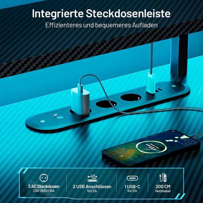 Ігровий стіл зі світлодіодним підсвічуванням, 160 x 60 см, ігровий стіл з 3 розетками та 2 USB-портами, комп&39ютерний стіл з підставкою для монітора, стабільний ігровий стіл для ПК для офісу та ігор, чорний, стіл 160 см