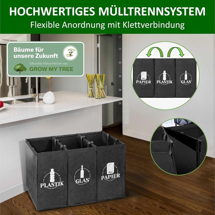 Система розділення відходів 3-сторонній пластик, скло, папір Стабільна підставка 4 x стабілізатори Ідеально підходить для розділен