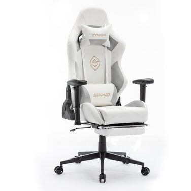 Ігрове крісло, біла шкіра, ігрове крісло з мікрофібри з підставкою для ніг, гоночне ігрове крісло з регульованими підлокітниками, поперекова подушка, підголівник, вантажопідйомність 180 кг, штучна замша - сталеві ніжки, білі
