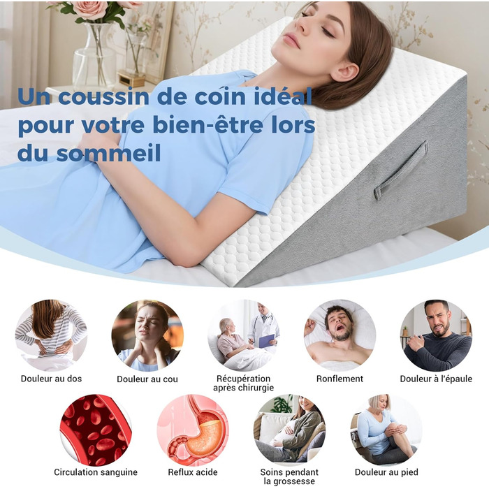 Клиноподібна подушка для ліжка, трикутна подушка, ергономічна, виготовлена з піни з ефектом пам&39яті, від апное сну, кутова подушка, хропіння, вдихання кислоти (біла)