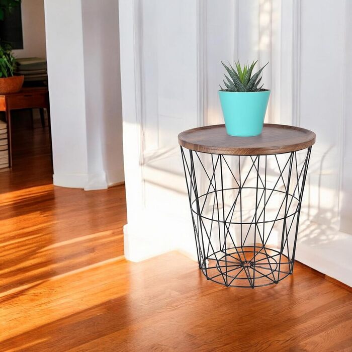 Журнальний столик Spetebo з металевим дротяним кошиком 39 см - Чорний - Стіл-кошик з коричневою стільницею під дерево - Невеликий декоративний столик з кошиком для зберігання, журнальний столик, декоративний столик з відділенням для зберігання