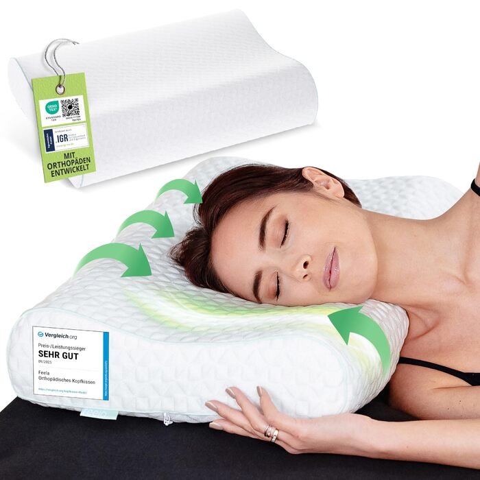 Ортопедична подушка/подушка для сну feela. 3 рівні жорсткості - Полегшує біль у шиї та плечах, підвищує комфорт сну та знімає тиск на шийний відділ хребта Подушка з регульованою висотою 60x40 см (середня) 60x40 см - середня