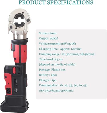Акумуляторні гідравлічні обтискні кліщі Професійний електричний гідравлічний набір інструментів для обтиску кабельних наконечників Міцні обтискні кліщі з литої сталі Діапазон 16-300 мм Сірий