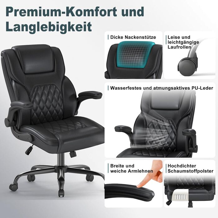 Крісло керівника AnyGod зі штучної шкіри, ергономічне офісне крісло з поперековою опорою, міцне поворотне крісло зі складними підлокітниками та регулюванням висоти для домашнього офісу, чорне