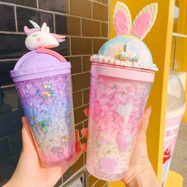 Дитяча дорожня чашка Blue Bunny, дитяча крижана чашка для пиття, чашка, яку можна заморожувати, з трубочкою, кришкою, ремінцем, тримачем, чудова чашка для пікніка, вечірки, дня народження (Bunny Blue, 450 мл) Синій 450 мл