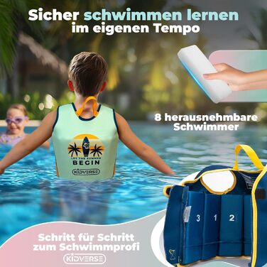Дитячий рятувальний жилет KIDVERSE - переможець випробувань та сертифікований TV засіб для плавання для дітей від 2 років з регульованою плавучістю - сертифікований CE з надзвичайно м&39якого преміального неопрену, бірюзового кольору, розмір M