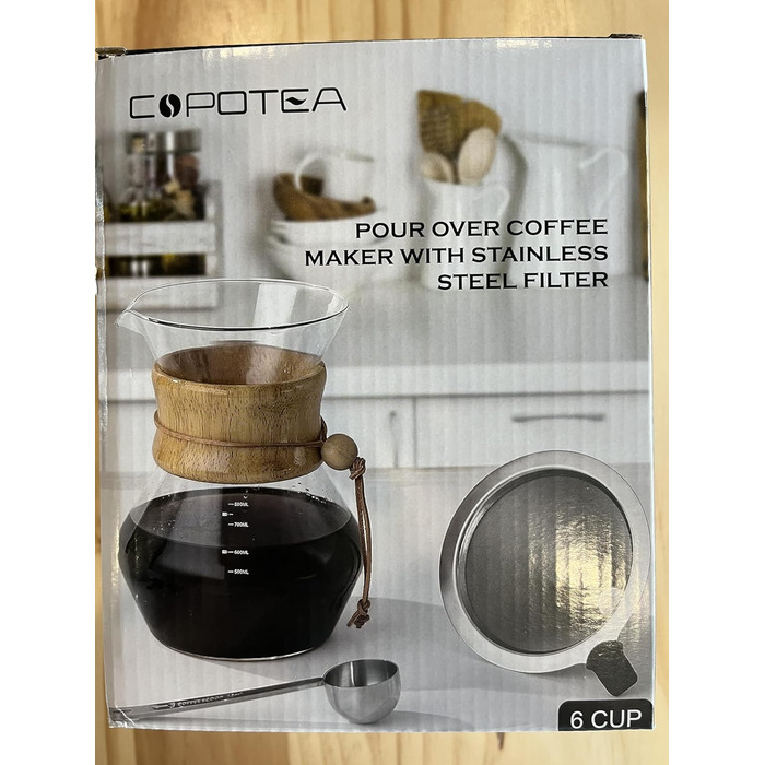 Кавоварка COPOTEA з двошаровим фільтром з нержавіючої сталі, кавник з фільтром Кавоварка-крапельниця, боросилікатне скло, графин для кави (800 мл) Сучасний