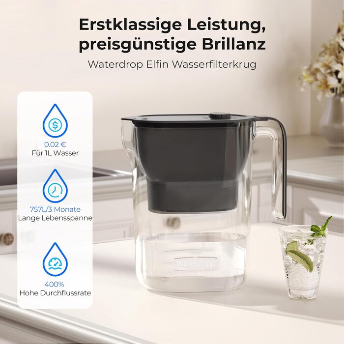 Водяна крапля, фільтр для води, глечик, холодильник, фільтр для води, глечик із фільтром на 3 місяці, 2,5 л, зменшує вміст фтору, хлору тощо, сертифіковано NSF, без бісфенолу А, чорний (замінний фільтр WD-PF-01A Plus)