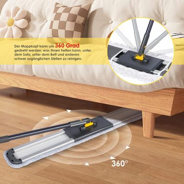 Плоска швабра HEVOL, плоска швабра з регульованою ручкою з нержавіючої сталі 154 см, велика швабра з 2 мікрофібровими насадками та