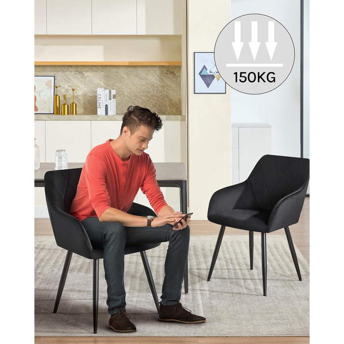 Комплект із 2 обідніх стільців з підлокітниками та спинками, для їдальні, вітальні, кухні, м&39які кухонні стільці з оксамитовим покриттям, металеві ніжки, чорний, комплект із 2 шт.