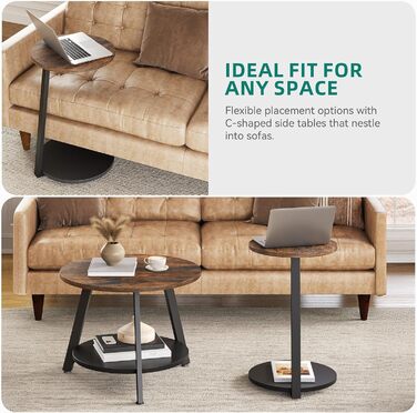Комплект із 2 круглих журнальних столиків, столи для вітальні з місцем для зберігання, штабелювані приставні столики з дерев&39яною стільницею та металевим каркасом, С-подібні приставні столики, журнальні столики для вітальні, рустикальний коричневий