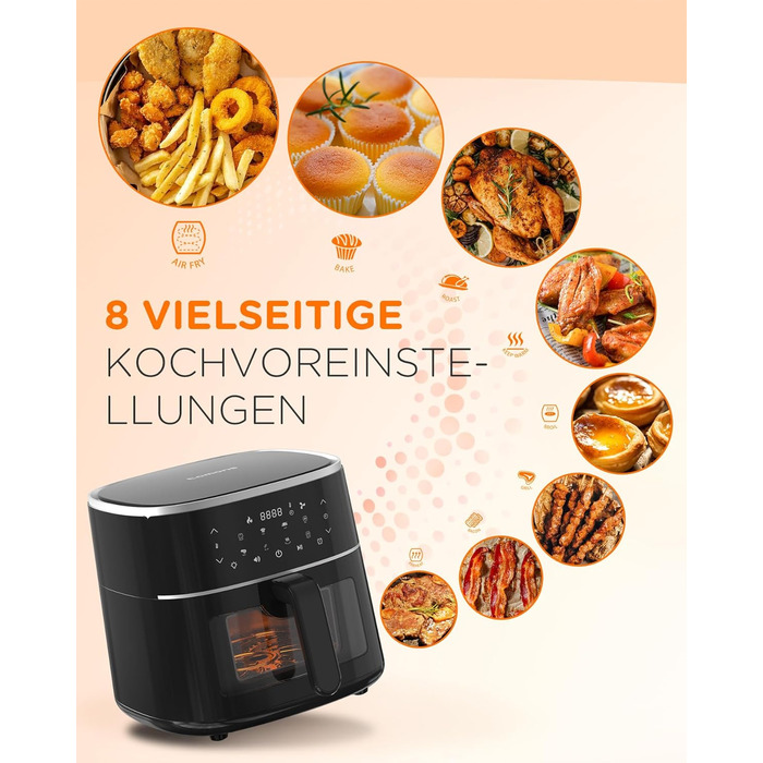 Аерофритюрниця Tomons 6 л, фритюрниця Фритюрниця з гарячим повітрям Фритюрниця з оглядовим вікном Цифровий світлодіодний сенсорний екран, програми 8 в 1 фритюрниця, регульований контроль температури