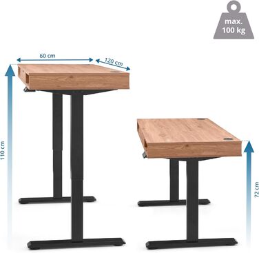 Робочий стіл у стилі Worktime 120x60 см Робочий стіл з електричним регулюванням висоти, функцією пам&39яті, зворотним відліком часу стоячи, USB-хабом, шухлядою та відділеннями для зберігання, дуб/чорний
