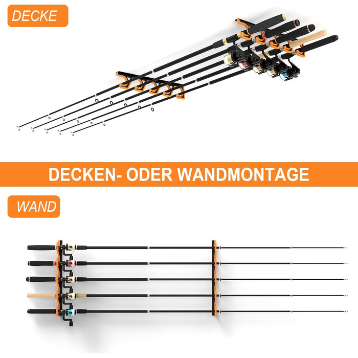 Тримачі для вудок tonhui, горизонтальні, настінні та стельові, з 2 кріпленнями, гараж для вудок з м&39яким PU-захистом, підставка для 10 вудок, стійке до подряпин зберігання вудок (чорний/жовтий)