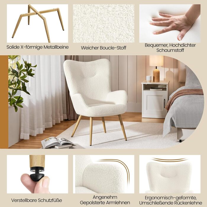 Крісло Yaheetech Wingback, елегантне крісло, м&39яке крісло зі складною спинкою, витримує вагу до 136 кг, крісло для вітальні/спальні, біле, без пуфа