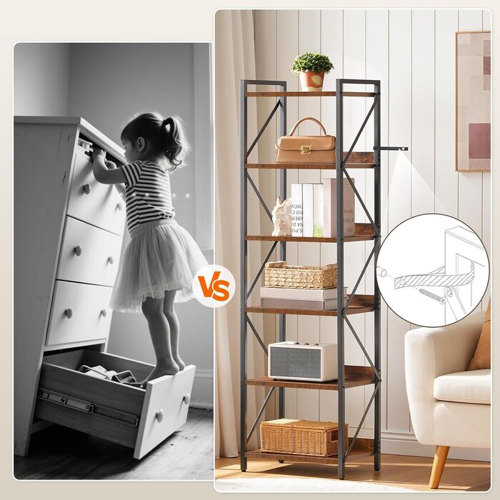 Книжкова полиця HOOBRO, стояча полиця, полиця-драбина, окремостояча вузька полиця, офісна полиця, 6 ярусів, відкриті полиці, для вітальні, спальні, офісу, кухні, рустикальний коричневий та чорний EBF72SJ01 42 x 28 x 161,5 см Рустикальний коричневий чорний