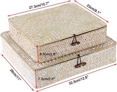 Кошик SUMNACON з ротанга, 2 шт., виготовлений з натуральної морської трави, з кришкою, коробка для зберігання ручної роботи, кошики для зберігання, кошик-органайзер для кухні, ванної кімнати, спальні, великий малий (прямокутний, білий)