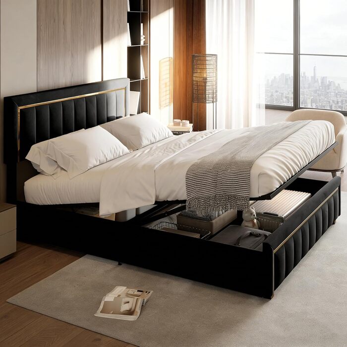 М&39яке ліжко 140x200 з місцем для зберігання, гідравлічне ліжко з місцем для зберігання, двоспальне ліжко з узголів&39ям, каркас ліжка з рейковою основою, каркас ліжка для дорослих, оксамит (чорний, 140 x 200 см) Black-c 140 x 200 см