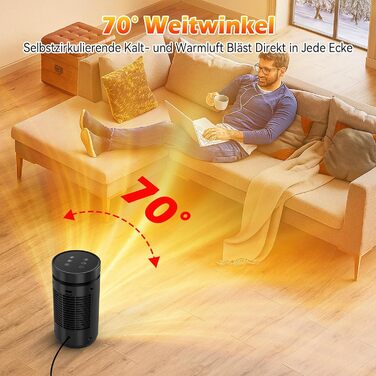 Ефективний, енергозберігаючий вентилятор-обігрівач, керамічний PTC потужністю 1500 Вт, тихий лише 34 дБ З термостатом, 12-годинним таймером та безпечним захистом від перегріву та перекидання - ідеально підходить для спалень з дистанційним керуванням, чорн