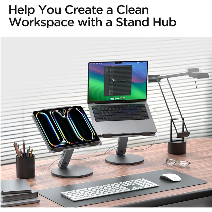 В-1 Підставка для ноутбука з док-станцією (в комплекті кабель USB-C USB-C). Ергономічна, з портами USB-A/C та HDMI 4K 60Hz для MacBook, iPad Pro, Air, Neo A16, M2, M3, M4, M5 та ноутбуків до 15,6, 6-